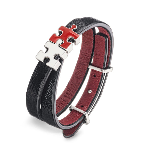 Women's Black Lacquered Genuine Leather Bracelet with Red and White Enamel Silver Puzzle Charms | P06-07BKL2