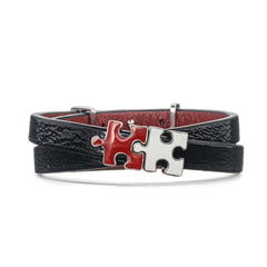 Women's Black Lacquered Genuine Leather Bracelet with Red and White Enamel Silver Puzzle Charms | P06-07BKL2