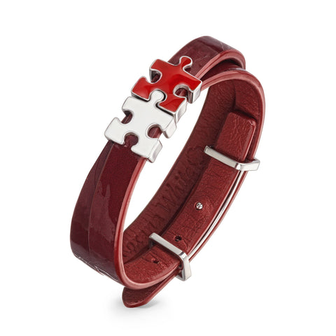 Women's Red Lacquered Genuine Leather Bracelet with Red and White Enamel Silver Puzzles Charms | P06-07RDL2