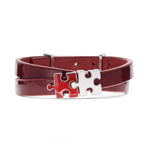 Women's Red Lacquered Genuine Leather Bracelet with Red and White Enamel Silver Puzzles Charms | P06-07RDL2