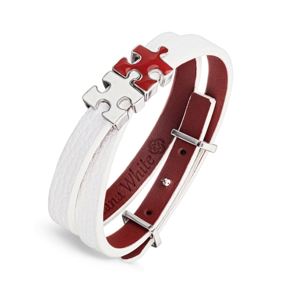 Women's White Genuine Leather Bracelet with Red and White Enamel Silver Puzzles Charms | P06-07WT2