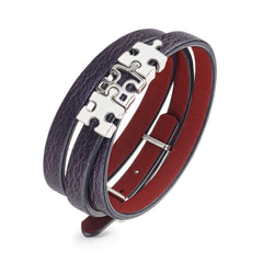 Women's Purple Genuine Leather Bracelet with Enigma Silver and White Enamel Puzzles Charms | P07-02-07PL3