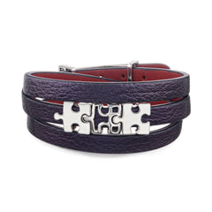 Women's Purple Genuine Leather Bracelet with Enigma Silver and White Enamel Puzzles Charms | P07-02-07PL3