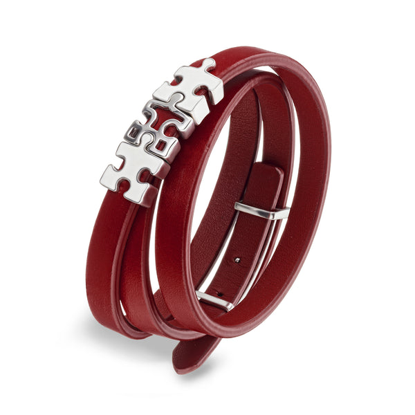 Women's Red Genuine Leather Bracelet with Enigma Silver and White Enamel Puzzles Charms | P07-02-07RD3