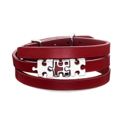 Women's Red Genuine Leather Bracelet with Enigma Silver and White Enamel Puzzles Charms | P07-02-07RD3