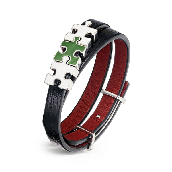 Women's Black Lacquered Genuine Leather Bracelet with Green and White Enamel Puzzle Charms | P07-02-07BKL2