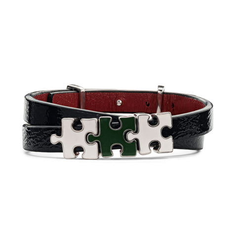 Women's Black Lacquered Genuine Leather Bracelet with Green and White Enamel Puzzle Charms | P07-02-07BKL2