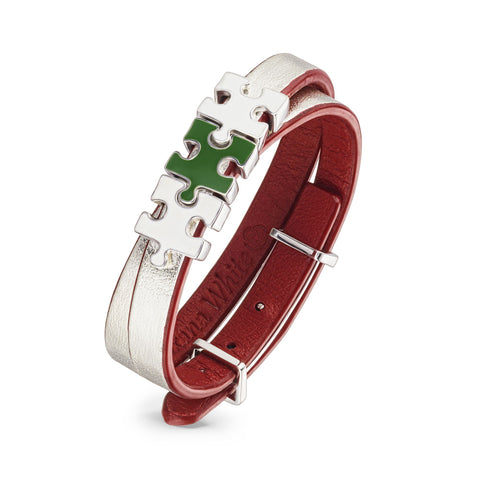 Women's Silver Genuine Leather Bracelet with Green and White Enamel Puzzles Charms | P07-02-07SR2