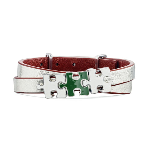 Women's Silver Genuine Leather Bracelet with Green and White Enamel Puzzles Charms | P07-02-07SR2