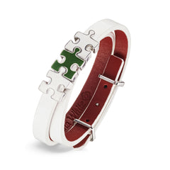 Women's White Lacquered Genuine Leather Bracelet with Green and White Enamel Puzzles Charms | P07-02-07WTL2