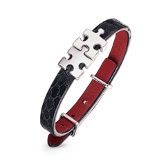 Women's Black Genuine Leather Bracelet wit White Enamel Silver Puzzle Charm | P01-07BKP1