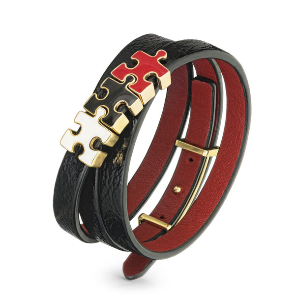 Women's Black Lacquered Genuine Leather Bracelet with Gold Plated Red, White and Black Enamel Silver Puzzle Charms | P09-10-11BKL3