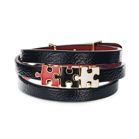 Women's Black Lacquered Genuine Leather Bracelet with Gold Plated Red, White and Black Enamel Silver Puzzle Charms | P09-10-11BKL3