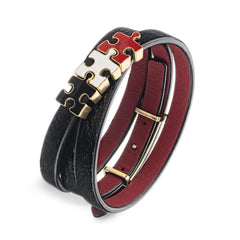 Women's Black Lacquered Genuine Leather Bracelet with Gold Plated Red, White and Black Enamel Silver Puzzle Charms | P09-10-11BKL3