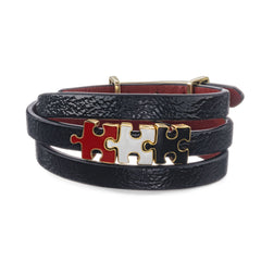 Women's Black Lacquered Genuine Leather Bracelet with Gold Plated Red, White and Black Enamel Silver Puzzle Charms | P09-10-11BKL3