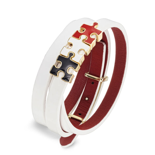 Women's White Lacquered Genuine Leather Bracelet with Red White and Black Puzzles Charms Gold Plated | P9-10-11WTL3