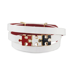 Women's White Lacquered Genuine Leather Bracelet with Red White and Black Puzzles Charms Gold Plated | P9-10-11WTL3