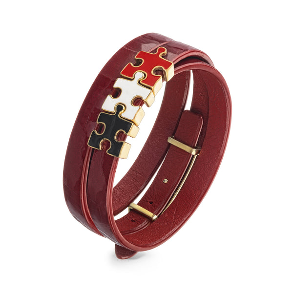 Women's Lacquer Leather Bracelet with Red, White, Black Enamel Puzzles | P09-10-11 RDL3