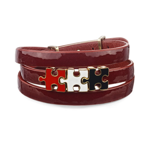 Women's Lacquer Leather Bracelet with Red, White, Black Enamel Puzzles | P09-10-11 RDL3