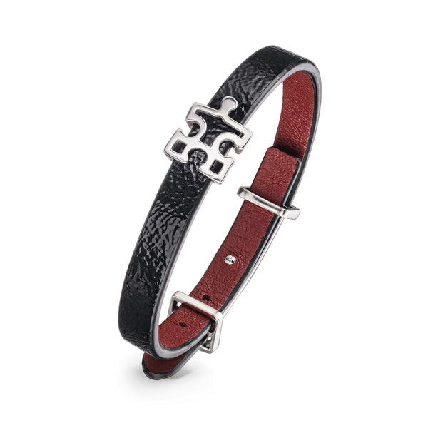 Women's Black Lacquered Genuine Leather Bracelet with Enigma Silver Puzzle Charm | P02-RD1