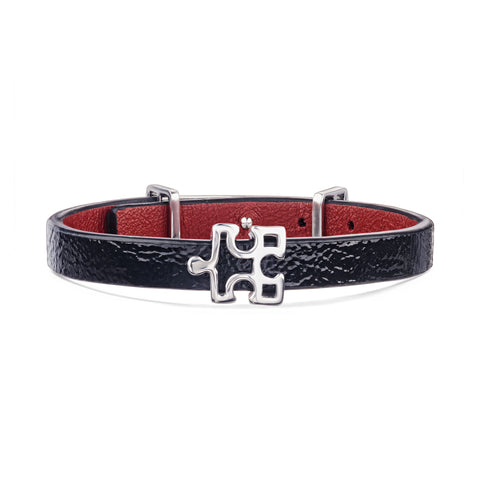 Women's Black Lacquered Genuine Leather Bracelet with Enigma Silver Puzzle Charm | P02-RD1