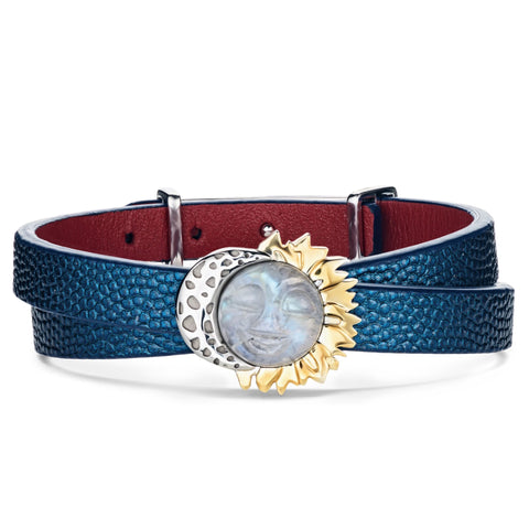 Blue Women's Genuine Leather Bracelet Moonstone Sun&Moon Silver Charm Gold Plated | SM01-BL2