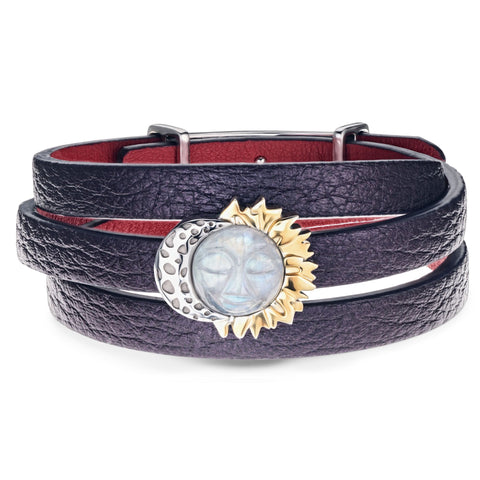 Purple Women's Genuine Leather Bracelet Moonstone Sun&Moon Silver Charm Gold Plated | SM01-PL3