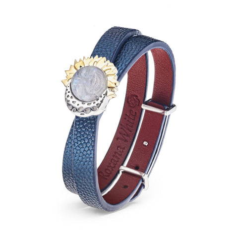 Blue Women's Genuine Leather Bracelet Moonstone Sun&Moon Silver Charm Gold Plated | SM01-BL2