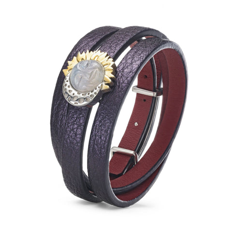 Purple Women's Genuine Leather Bracelet Moonstone Sun&Moon Silver Charm Gold Plated | SM01-PL3