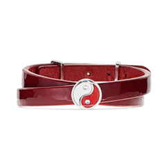 Women's Red Lacquered Genuine Leather Bracelet Yin-Yang Red and White 925 Sterling Silver Charm | Y01RDL2