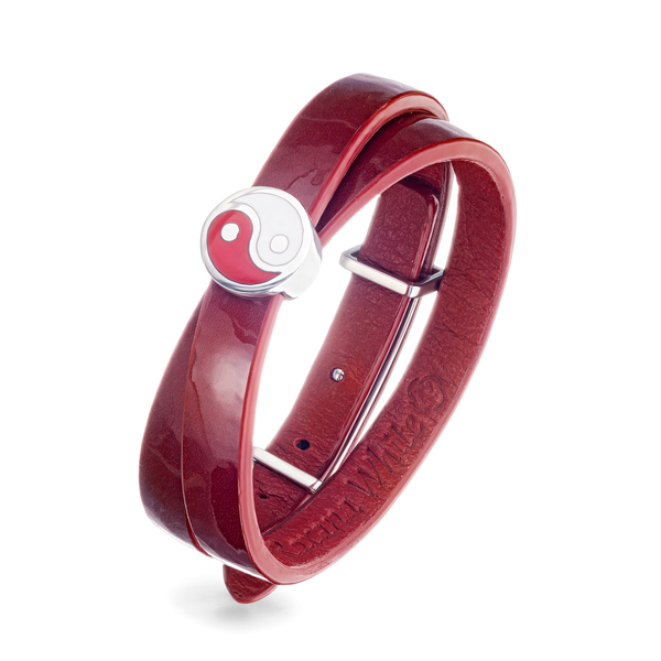 Women's Red Lacquered Genuine Leather Bracelet Yin-Yang Red and White 925 Sterling Silver Charm | Y01RDL2