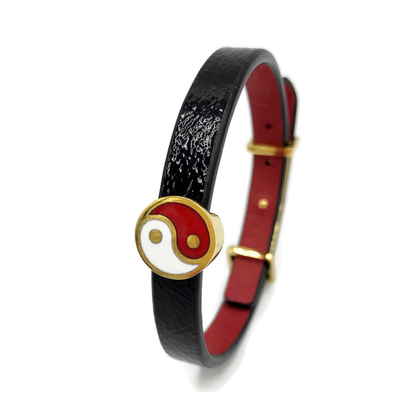 Women's Black Laquered Genuine Leather Bracelet with Yin-Yang Red and White 925 Sterling Silver Charm Gold Plated | Y02BKL1