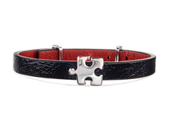 Women's Black Lacquered Genuine Leather Bracelet with Silver Puzzle Charm | P01BKL1