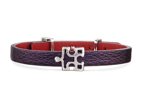 Women's Purple Genuine Leather Bracelet with Enigma Silver Puzzle Charm | P02-PL1