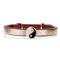 Women's Golden Genuine Leather Bracelet with Black Yin-Yang Charm | Y04-GD1